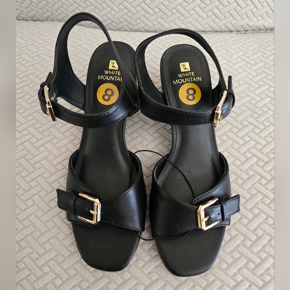 White Mountain Faux Leather Block Heel Sandals Black